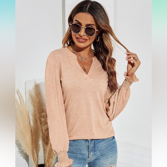 Romanstii Women's Casual V-Neck Tee Loose Puff Long Sleeve Tops Tunic Blouses - Picture 2 of 12